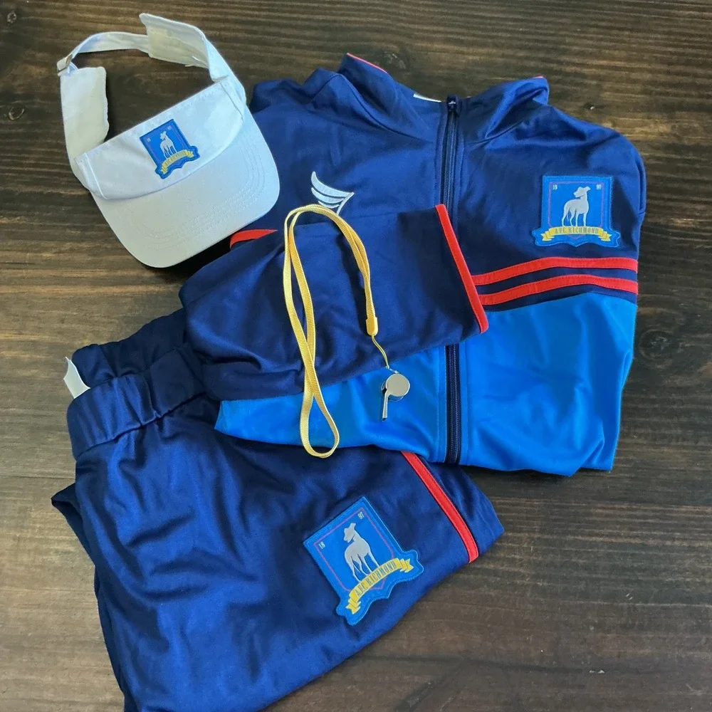 Ted Lasso AFC Richmond Coach Costume Set XL Jacket Shorts Visor Whistle Spirit - Picture 1 of 12